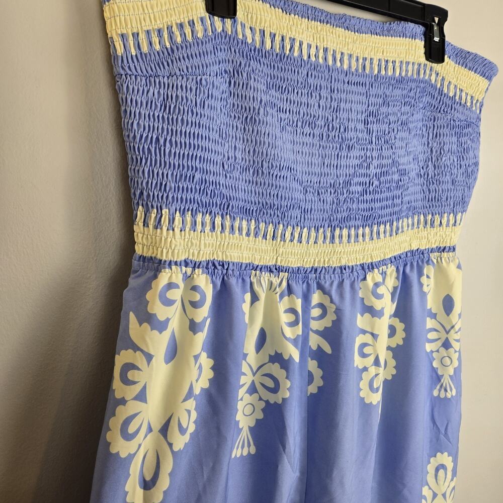 Off Shoulder Ruched High Waist Jumpsuit Wide Leg Detach Straps XXL Blue Wht NEW - Picture 3 of 13